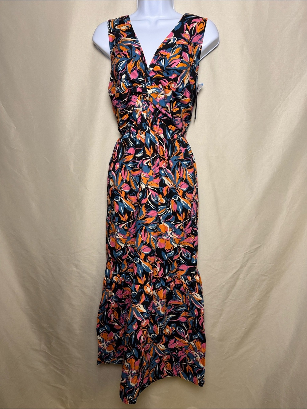 French Connection Black Maxi Dress with Pink & Orange Floral Print